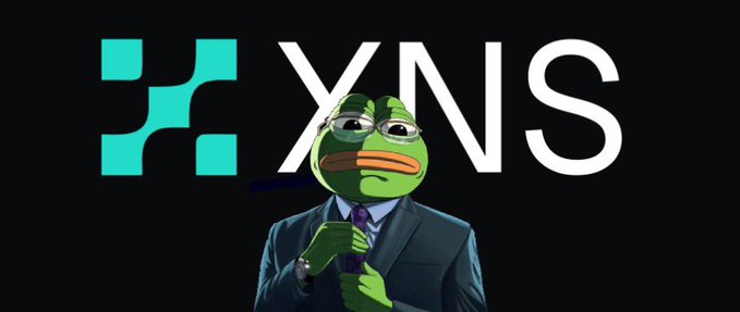A graphic featuring the Pepe the Frog character in a suit with a cigar next to a teal logo and the text 'XNS' on a black background.
