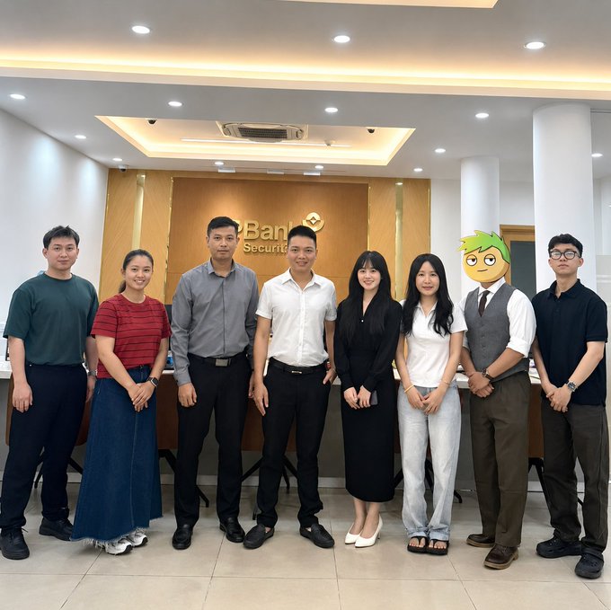 The image shows a group of six people standing together in front of a bank's reception area. The individuals are posing for a photo, with some of them wearing ties as part of their attire. They appear to be employees or staff members from the bank, gathered around a desk and counter. In the background, there is a sign that reads "Bank of Vietnam", indicating the location of this gathering.