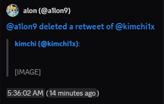 A screenshot of a deleted X post by “alon (@allon9),” showing that he had retweeted @kimchi1x’s post containing an image. The post is labeled “5:36:02 AM (14 minutes ago),” relating to the alleged “project kimchi” token pump.