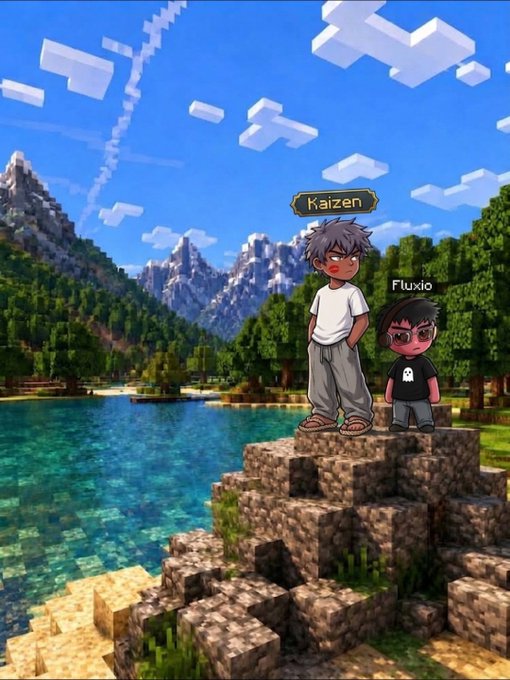 Two Minecraft-style avatar characters labeled 'Kaizen' and 'Fluxio' stand on a blocky cliff overlooking a scenic landscape with mountains, trees, and a lake.