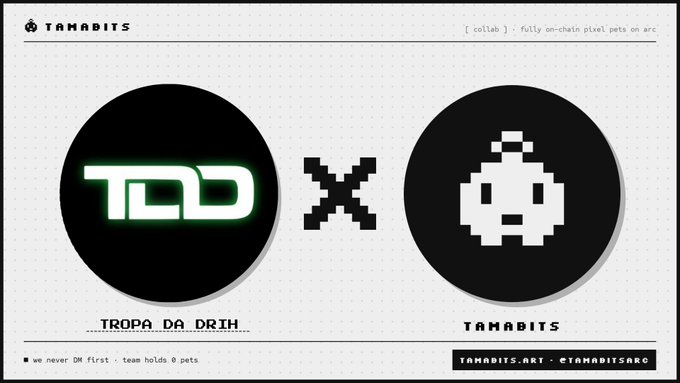 A graphic featuring two black circular logos: 'TDD TROPA DA DRIH' with green glowing text and a pixel skull labeled 'TAMABITS', marked as a collab.
