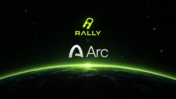 A space-themed promotional graphic showing the logos for 'RALLY' and 'Arc' against a starry background with a glowing green planet horizon.