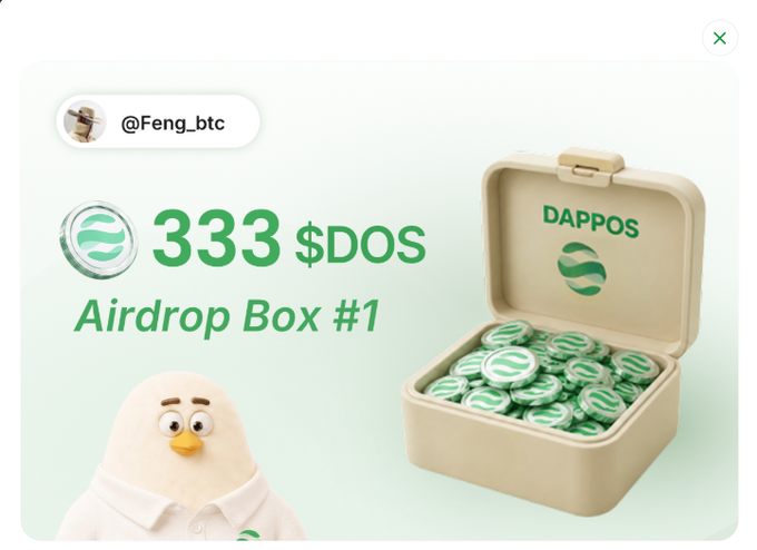 A promotional graphic advertises a "333 $DOS Airdrop Box #1" from @Feng_btc, featuring a dappOS-branded box filled with green DOS tokens alongside a penguin mascot, tying into the post's hype around dappOS launching on Binance Alpha and OKX Boost with potential airdrop rewards for participants.