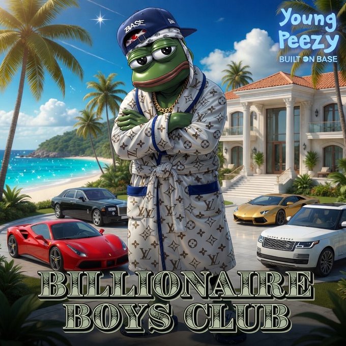 The image features a cartoon frog wearing a robe, standing next to several luxury cars parked outside of a large white house with a red roof. The background includes palm trees and a beach setting. The caption for the image reads "Young Peasy Boys Club" in black text at the bottom right corner.