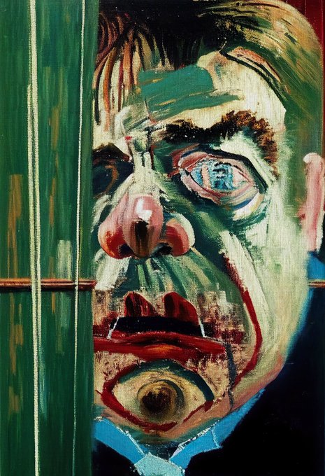 A close-up oil painting portrait in an expressionist style depicts a face rendered in green, white, and red tones with a haunting eye and mouth, set against vertical green stripes.