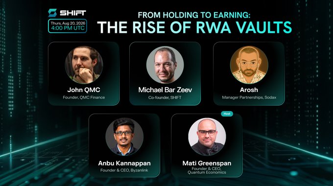 A promotional graphic for a SHIFT event titled 'FROM HOLDING TO EARNING: THE RISE OF RWA VAULTS' on Thursday, August 20, 2026 at 4:00 PM UTC, featuring five speakers: John QMC (Founder, QMC Finance), Michael Bar Zeev (Co-founder, SHIFT), Arosh (Manager Partnerships, Sodax), Anbu Kannappan (Founder & CEO, Byzanlink), and Mati Greenspan (Founder & CEO, Quantum Economics).