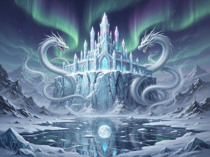 The image features a castle with two white dragons standing on top of it, surrounded by snow-covered mountains. The dragons are facing each other, creating an interesting scene. Below them, there's a large body of water that reflects the surrounding environment. The background is dark and filled with stars, giving the impression of a night sky. The image also includes text elements such as "juneaiart #AIart #JuneAI #AIartwork #AI" and "@askjuneai".