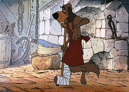 A cartoon illustration of an anthropomorphic dog character wearing a red apron, leaning on a large wooden mallet in a stone workshop setting.