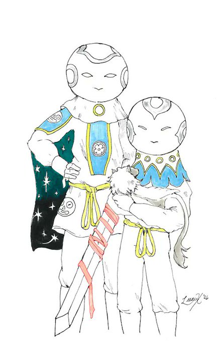 A hand-drawn illustration of two humanoid figures with egg-shaped heads in white robes; the left figure holds a large sword and wears a dark starry cape, while the right figure holds a small white animal, with a signature 'Lavyi '24' in the corner.