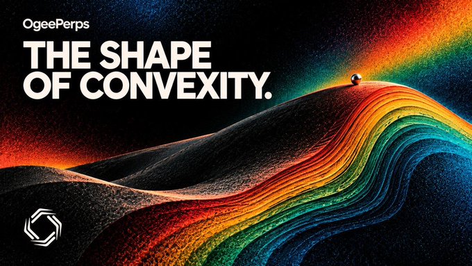 An artistic promotional banner reading 'OgeePerps THE SHAPE OF CONVEXITY.' featuring a colorful rainbow gradient flowing over a dark textured landscape.