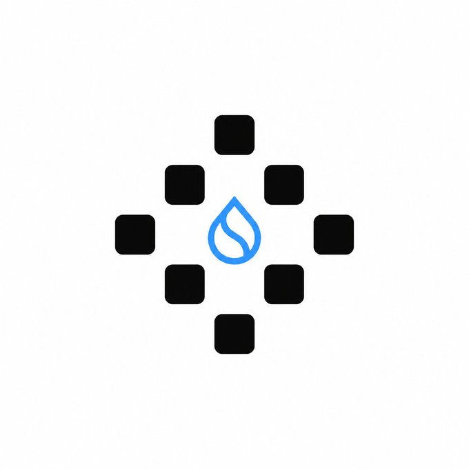 A minimalist logo featuring a diamond/cluster pattern of black rounded squares arranged around a central blue water droplet symbol on a light gray background.