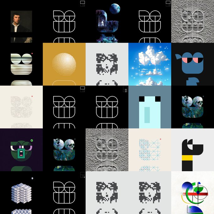A grid of various stylized "opepen" (pixelated letter "O") designs featuring diverse artistic interpretations—including classical portraits, clouds, skulls, geometric patterns, and abstract graphics—serves as a visual gallery celebrating community contributors, with the phrase "consensus is temporary" reflecting the evolving and decentralized nature of the collective's creative output.