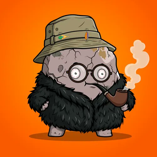 A cartoon character with a cracked stone face, round glasses, a black fur coat, and a green bucket hat with pins smokes a wooden pipe against an orange background.
