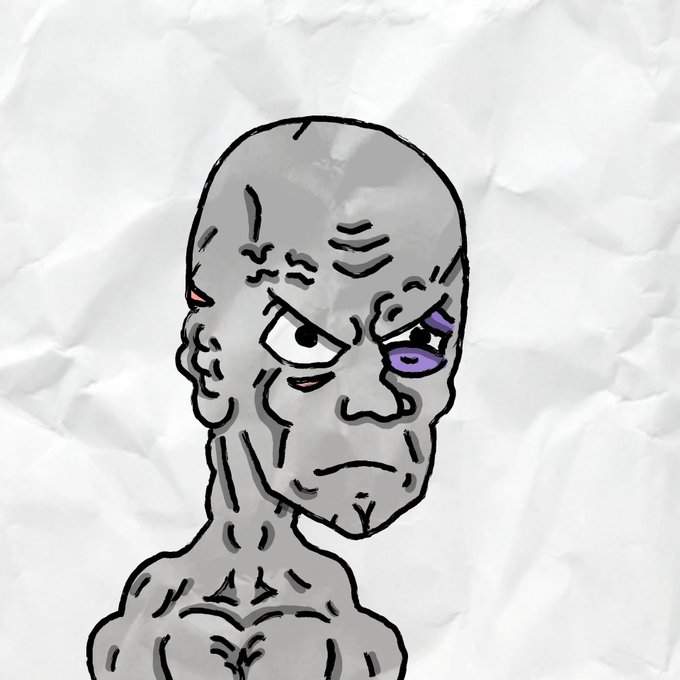 A cartoon drawing of a bald, gray-skinned character with a stern expression and a purple bruise under one eye, set against a crumpled white paper background.