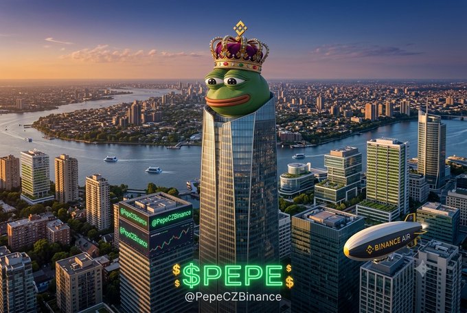A promotional graphic for the Pepe meme coin featuring the frog character wearing a crown on top of a skyscraper in a cityscape, with the text '$PEPE' and '@PepeCZBinance' displayed.