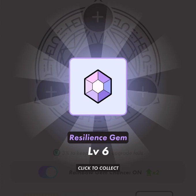 The image features a purple gemstone with a hexagonal shape, which appears to be a resilience gem. It is placed within a square-shaped box that has a white border. The gemstone is surrounded by rays of light coming from all directions, creating an intense glow around it. The post in the image provides information about how to use and access this gemstone, including instructions on how to step up its powers or upgrade its abilities.