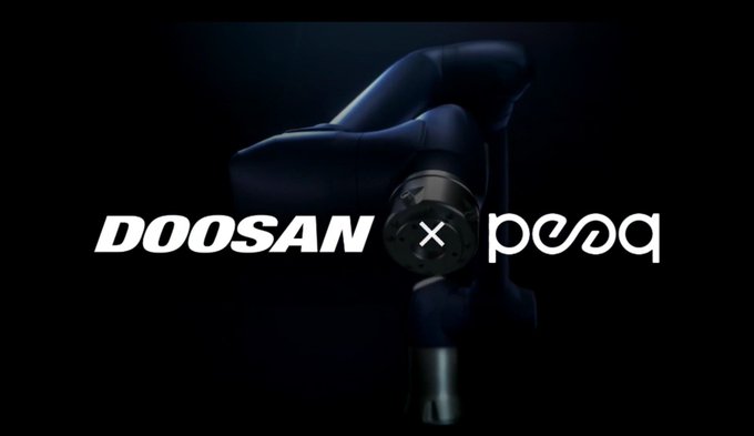 A dark promotional graphic featuring a blue robotic arm in the background with the white text 'DOOSAN × peaq' displayed prominently across the center.