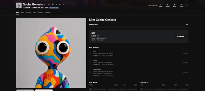 A screenshot of the OpenSea NFT marketplace showing a "Mint Goobz Genesis" collection with a colorful, abstract character figure displayed on the left side.