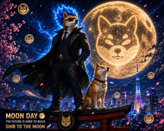 A vibrant digital illustration featuring a Shiba Inu samurai with blue flame hair, a real Shiba Inu dog, and a giant moon with a Shiba Inu face, captioned 'MOON DAY - THE FUTURE IS OURS TO BUILD - SHIB TO THE MOON' with a Tokyo skyline and Mount Fuji in the background.