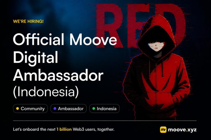 A recruitment graphic for Moove announces they're hiring an "Official Moove Digital Ambassador (Indonesia)," tagged with "Community," "Ambassador," and "Indonesia." The bold "WE'RE HIRING!" callout and masked red-hooded figure create urgency, aligning with the post's message that the opportunity to become a Regional Ambassador is closing soon, with perks like $USDC rewards and early feature access awaiting applicants at moove.xyz.