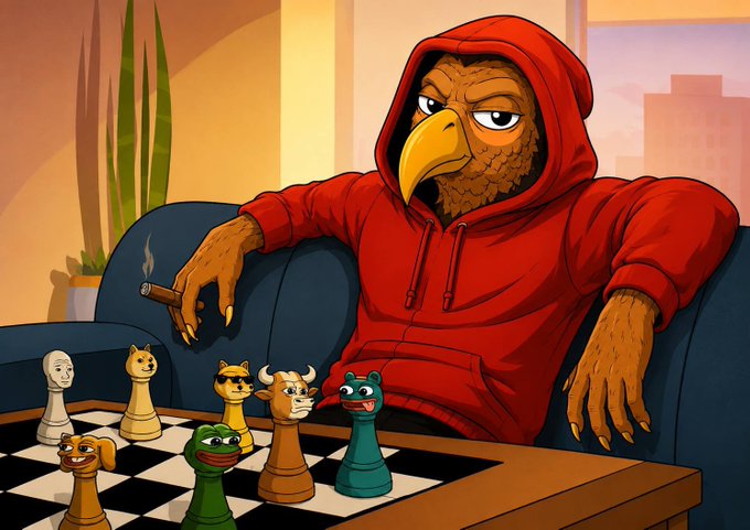 A cartoonish eagle character wearing a red hoodie lounges on a couch smoking a cigar while playing chess against figurines that have Muppet-style faces on the chess pieces.