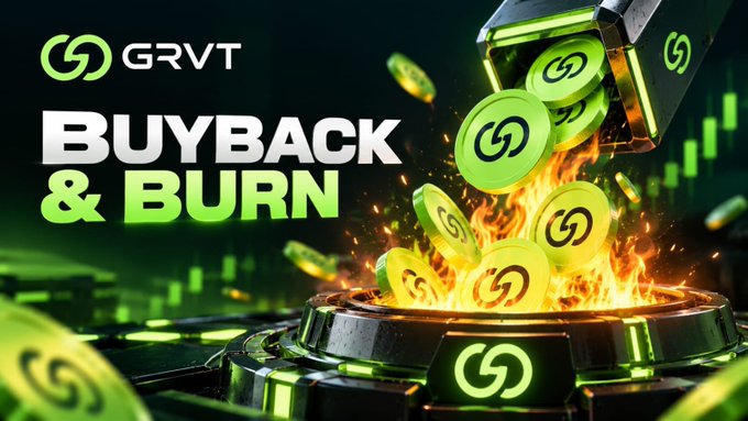 A vivid green-and-black crypto graphic reads “GRVT BUYBACK & BURN,” showing branded coins falling into a fiery circular burner.