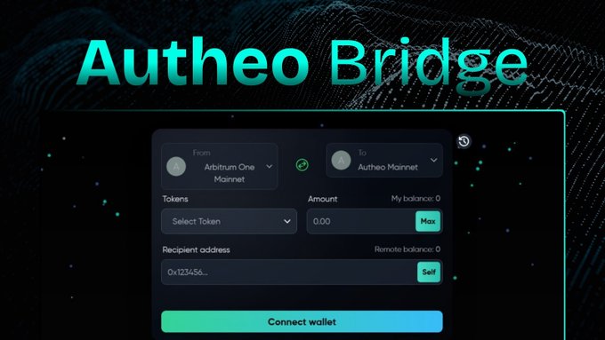 The image shows a computer screen displaying a page about the Autheo Bridge. The title of the image reads "Autheo Bridge" with a subtitle below that says "What is the Autheo Bridge?". The main content of the image focuses on the Autheo Bridge, which is an online tool for moving assets between different blockchains. It allows users to easily transfer their NFTs from Arbitrum to the Autheo using the Warp Routes feature. The image also includes a link to the post where the details about the Autheo Bridge are described in more detail.