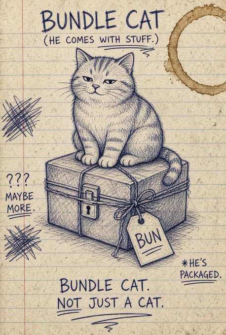 An illustration on lined paper shows a gray cat sitting on a tied bundle, labeled 'BUNDLE CAT (HE COMES WITH STUFF)', '??? MAYBE MORE', '*HE'S PACKAGED', and 'BUNDLE CAT. NOT JUST A CAT.', with a tag reading 'BUN'.