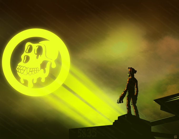 A silhouetted figure stands on a rooftop looking up at a large, glowing yellow skull symbol with radiating beams in a dark sky, with '5835' visible on the building.