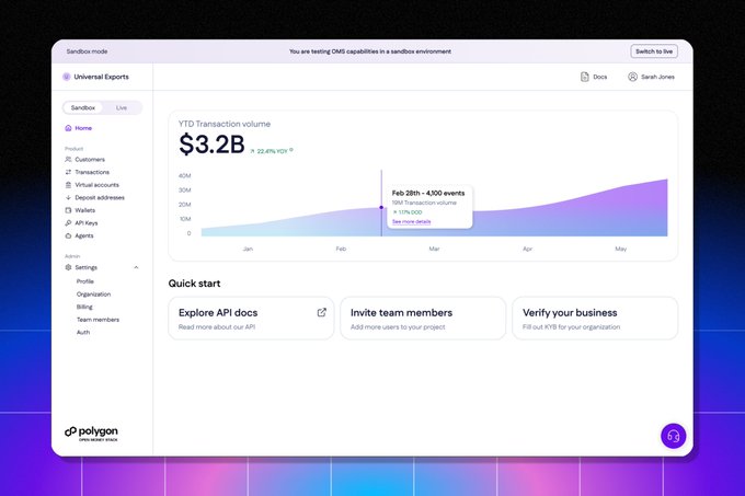 The image shows a screenshot of an app called "Open Money Stack", which has a purple background with white elements. The app appears to be in technical preview, as indicated by its name "ICYMI: Open Money Stack". There are various details displayed on the app screen such as accepting deposits and moving stablecoins, as well as providing access to information about the open money stack or off-ramp to bank accounts. However, there does not seem to be any focus on what is in the image itself; it appears that the main attention is on the technical aspects of the app rather than its immediate context or usage.