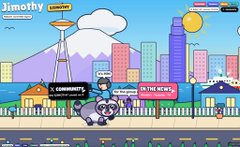 A pixel-art style banner labeled 'Timothy' featuring a cartoon raccoon character in front of a cityscape with 'COMMUNITY' and 'IN THE NEWS' signs.