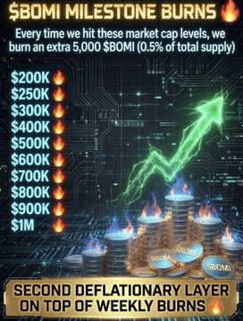 An infographic titled '$BOMI MILESTONE BURNS' detailing that 5,000 $BOMI (0.5% of total supply) will be burned at each market cap milestone from $200K to $1M, described as a 'SECOND DEFLATIONARY LAYER ON TOP OF WEEKLY BURNS'.