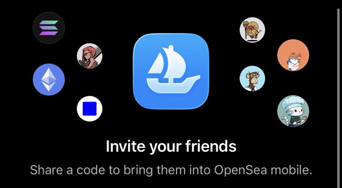 An OpenSea mobile app invite screen featuring a blue sailboat icon and various NFT avatars with the text 'Invite your friends - Share a code to bring them into OpenSea mobile.'