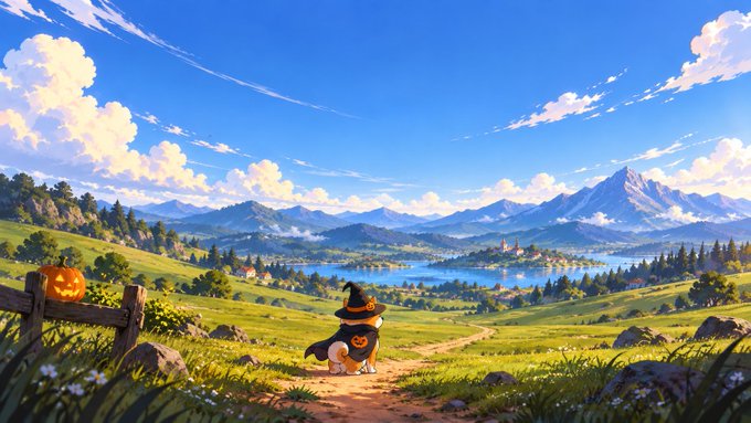 A whimsical anime-style landscape showing a corgi wearing a witch hat sitting on a dirt path next to a jack-o'-lantern, with a scenic lake and mountains in the background.
