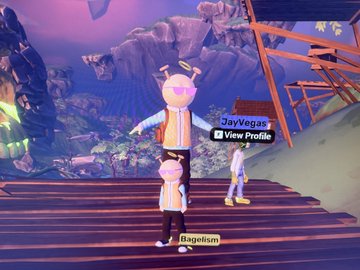 A video game screenshot showing two anime-style characters on a wooden platform with a mountainous landscape in the background; one character is labeled 'BayVegas' and the other 'Bagelsin'.
