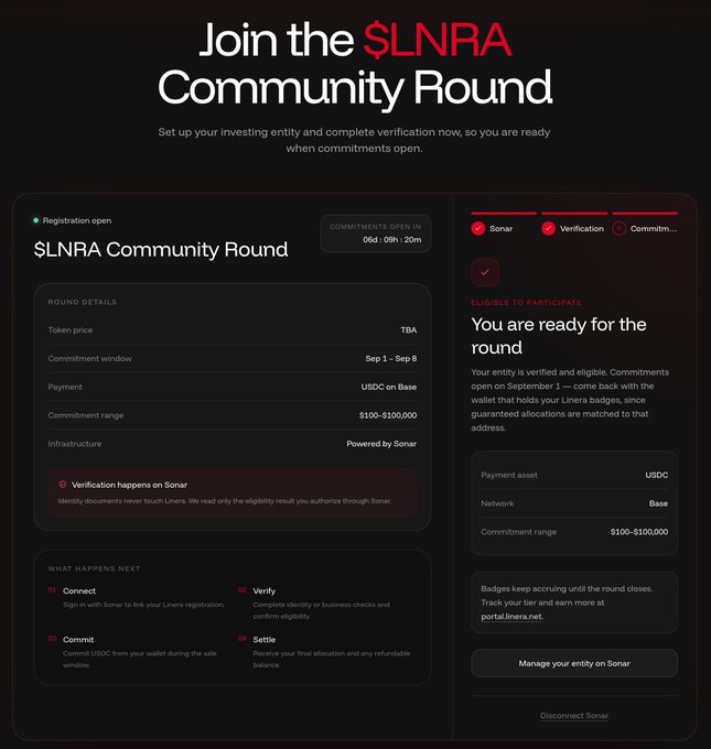 A dashboard for the $LNRA Community Round showing eligibility confirmation, with round details (payment in USDC on Base, commitment window Sep 1–Sep 8, range $100–$100,000) and a 06d 09h 20m countdown to commitments opening, matching the post's reminder about connecting Sonar before the September 1 sale.