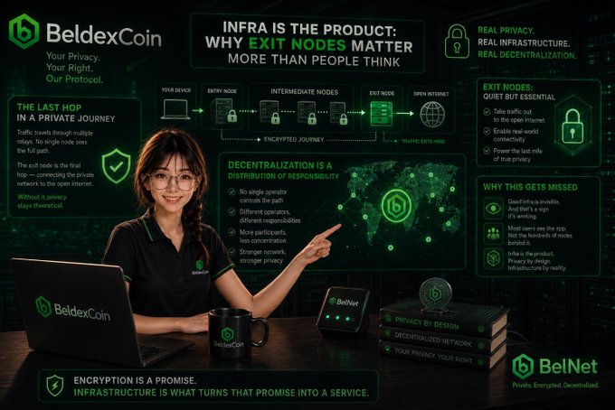 A promotional graphic for 'BeldexCoin' and 'BelNet' featuring a woman at a laptop and explaining why exit nodes matter in decentralized networks.