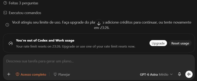 A dark-themed chatbot interface says in Portuguese, “Você atingiu seu limite de uso,” and in English, “You’re out of Codex and Work usage,” with “Upgrade” and “Reset usage” buttons.
