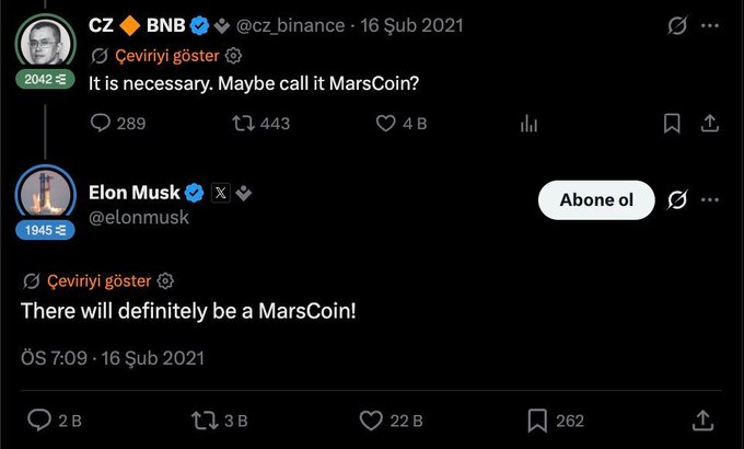 A Twitter/X exchange between CZ (cz_binance) and Elon Musk (elonmusk) where CZ jokes 'Maybe call it MarsCoin?' and Musk replies 'There will definitely be a MarsCoin!'