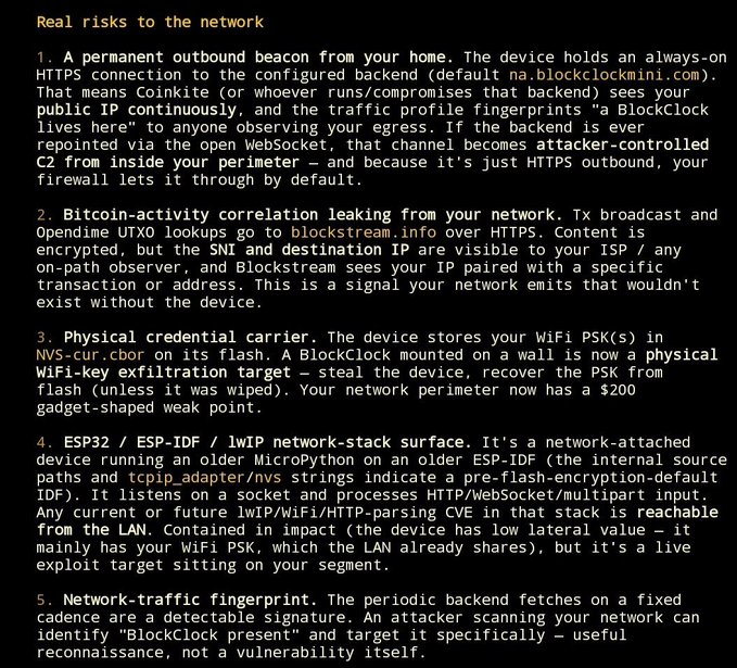 A dark-themed text post titled 'Real risks to the network' detailing five security vulnerabilities of a BlockClock device, including a permanent outbound beacon, bitcoin correlation leaking, and physical credential exfiltration.