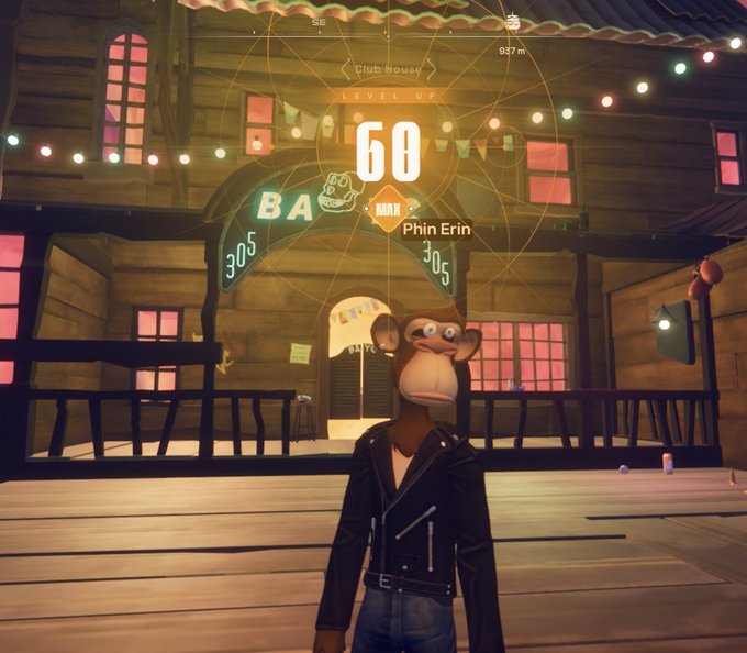 A video game scene showing a character wearing a monkey mask in front of a 'Club House' with a 'LEVEL UP' notification displaying '60' and usernames 'BA' and 'Phin Erin'.