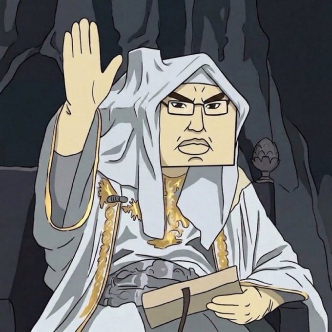 An anime-style illustration depicts a stern-faced character in white hooded robes holding a book with one hand raised.