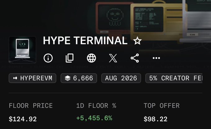 A screenshot of the "HYPE TERMINAL" NFT marketplace showing the HYPE collection on the HyperEVM network with a floor price of $124.92, top offer of $98.22, and a dramatic 1D floor increase of +5,455.6%, aligning with the post about Hyperliquid NFTs.