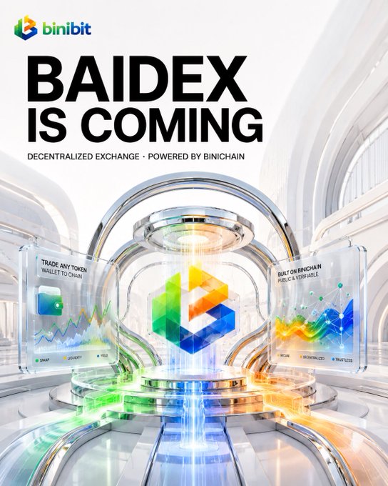 The image is a futuristic promotional poster for "BAIDEX" by Binibit, announcing "DECENTRALIZED EXCHANGE · POWERED BY BINICHAIN" with a glowing central Binibit logo flanked by transparent displays reading "TRADE ANY TOKEN WALLET TO CHAIN" and "BUILT ON BINICHAIN PUBLIC & VERIFIABLE." It visually reinforces the post's announcement of the upcoming decentralized exchange on BiniChain, with charts showing tickers like $BNX, $DGNX, $USDXFI, and $SGI on one side and $VCAN, $DIGINALIZE, and $TRUSTLESS on the other, emphasizing wallet-to-chain trading and on-chain transparency.
