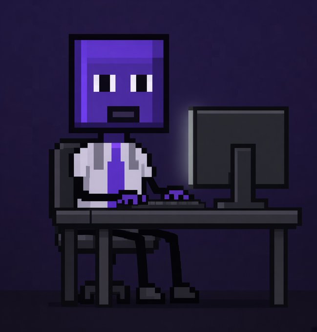 A simple 2D pixel art animation depicts a purple, block-headed character in a white shirt and tie sitting at a desk and typing on a keyboard in front of a monitor.