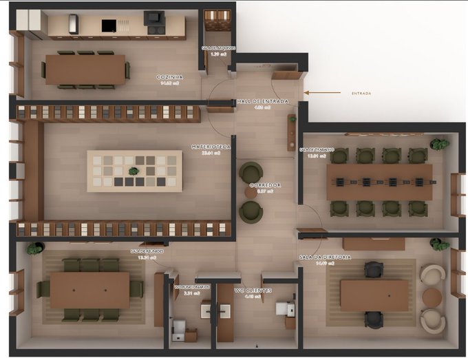 A 3D floor plan displays an office layout with labeled rooms in Spanish, including "COCINA", "SALA DE ESPERA", "AREA DE BIBLIOTECA", and "DOS BAÑOS", along with their respective square meterages.