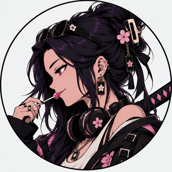 An anime-style illustration of a woman with dark purple hair, wearing sunglasses on her head, cherry blossom accessories, and headphones, holding a lollipop.