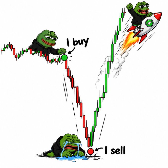 A Pepe the Frog meme illustrating common trading mistakes, with one frog buying at the top ('I buy') and crying at the bottom ('I sell') while another flies to the moon on a rocket.