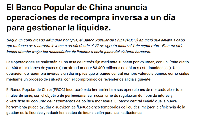 A Spanish-language news article announcing that the People's Bank of China (PBOC) will conduct one-day reverse repurchase operations from August 27 to September 1 to manage banking system liquidity, with a daily limit of 600 billion yuan (~$88.4 billion USD). The accompanying post argues this is China injecting liquidity into banks to prop up the financial system, comparing it to a "Ponzi scheme" while people worry about Bitcoin corrections.