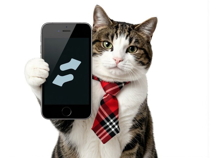 A tabby cat wearing a red plaid tie and holding a smartphone displaying the Grooveshark logo.